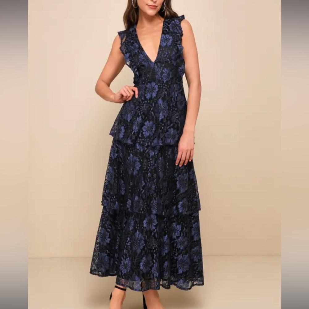 Lulu's Navy Blue Floral Lace Maxi Dress